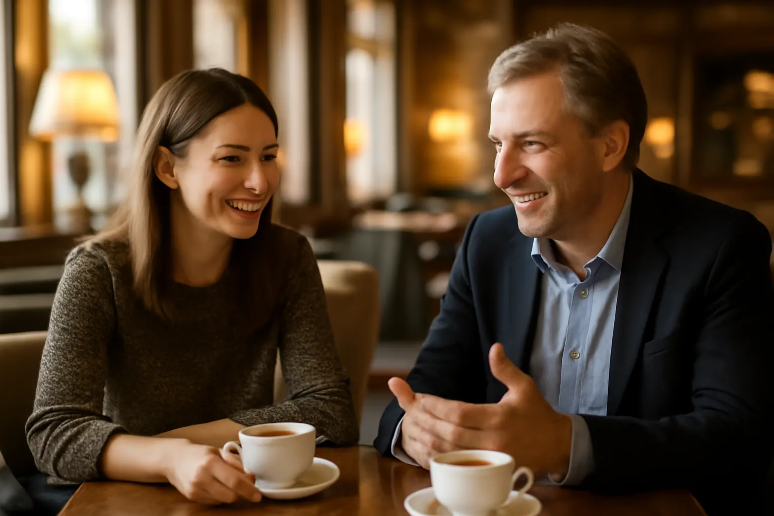 Première rencontre encadrée entre un homme français et une femme russe dans un salon élégant