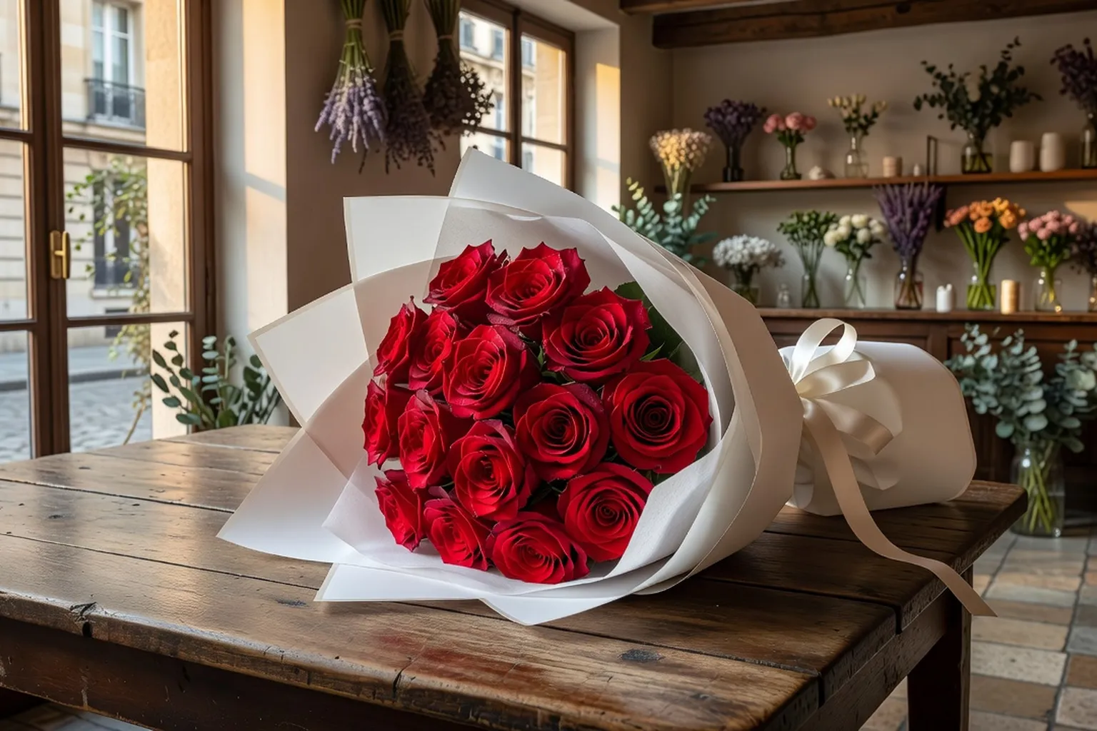 Bouquet de roses rouges en nombre impair dans un emballage élégant chez un fleuriste parisien