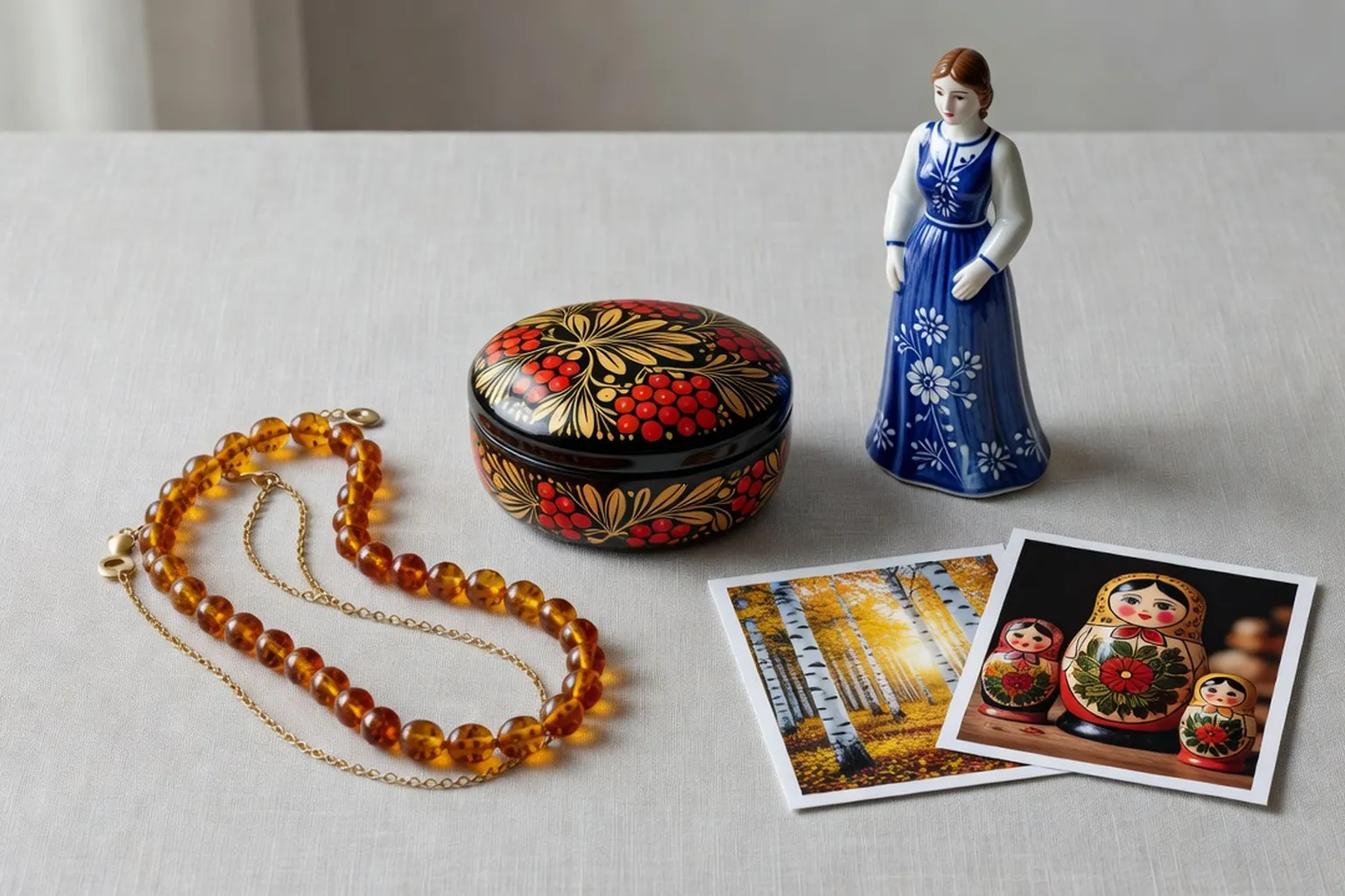 Sélection de cadeaux artisanaux russes : collier en ambre, boîte laquée khokhloma et porcelaine Gzhel