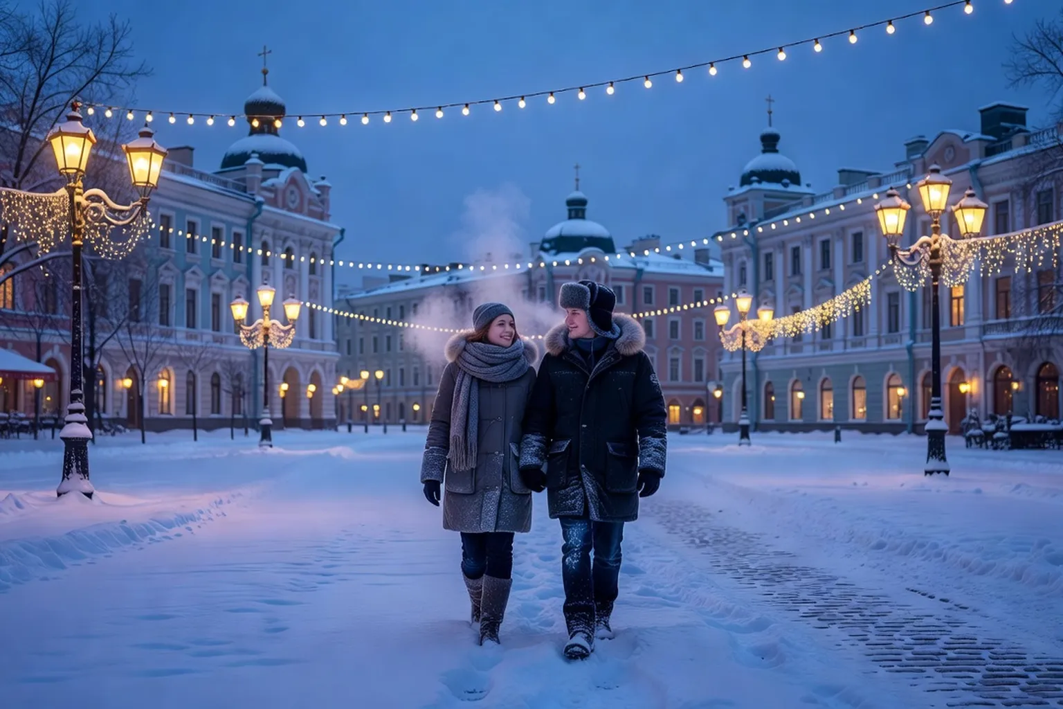 Parc russe au printemps avec couple se promenant, symbole du renouveau social