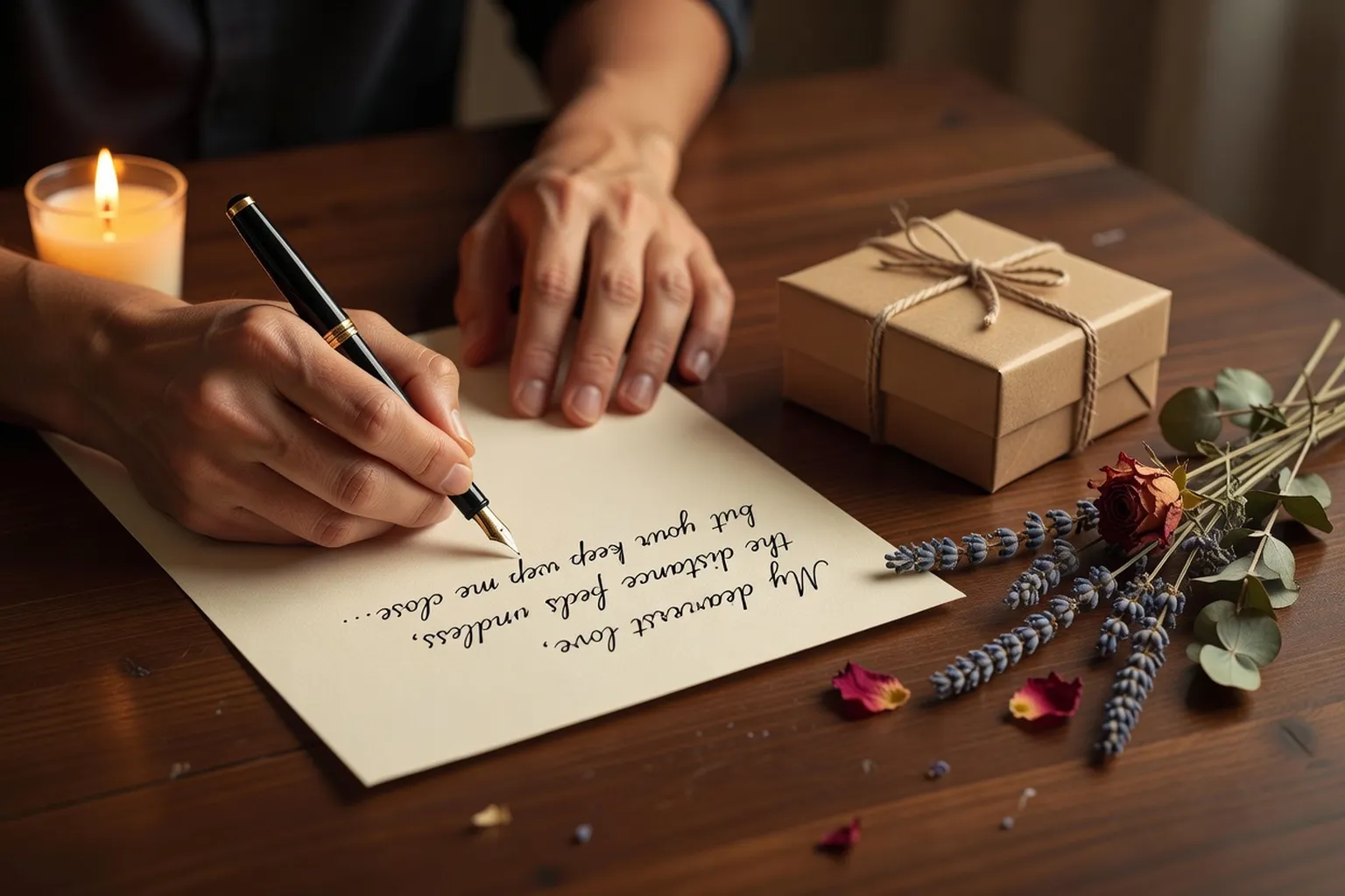 Lettre manuscrite et petit cadeau, correspondance romantique a distance