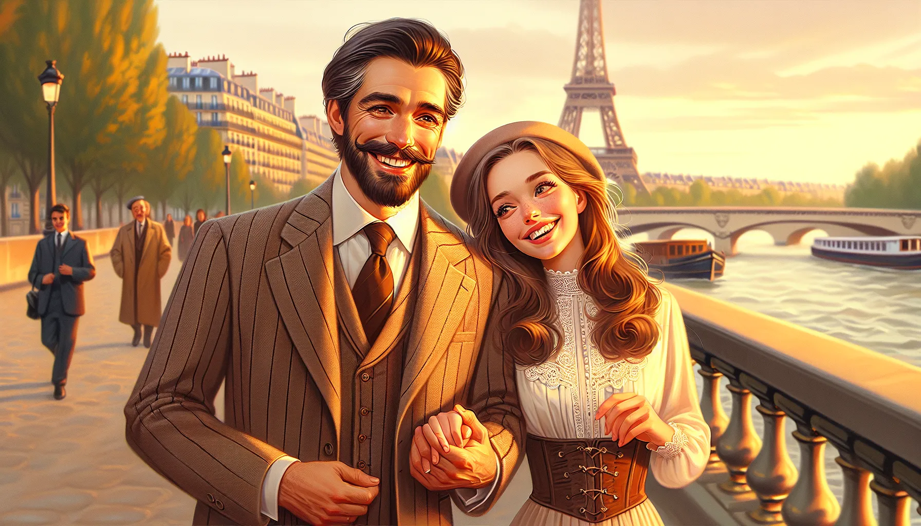 Couple franco-russe se promenant a Paris pres de la Seine