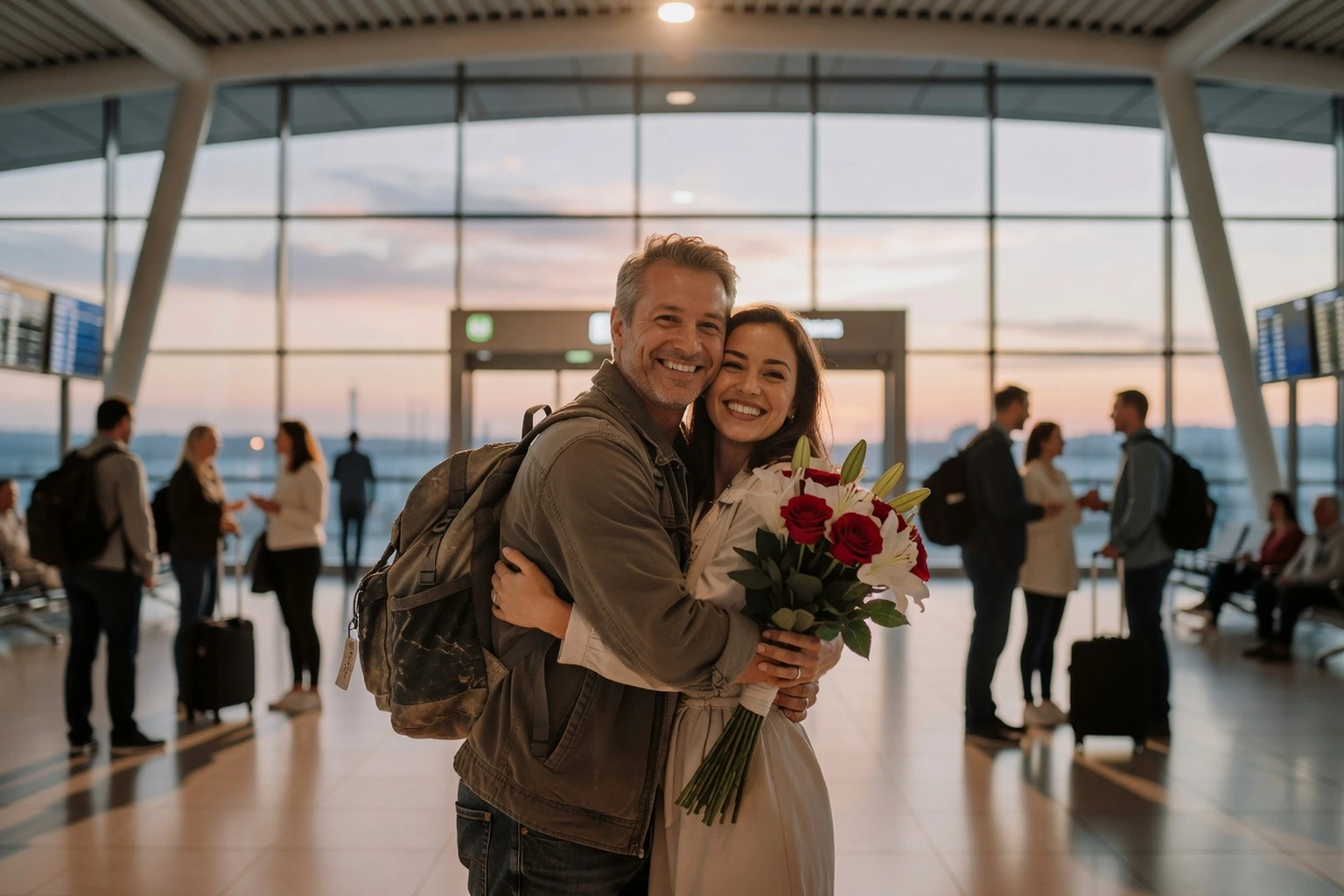 Un couple se retrouve et s'étreint dans le hall d'arrivées d'un aéroport, la femme tient un bouquet de roses
