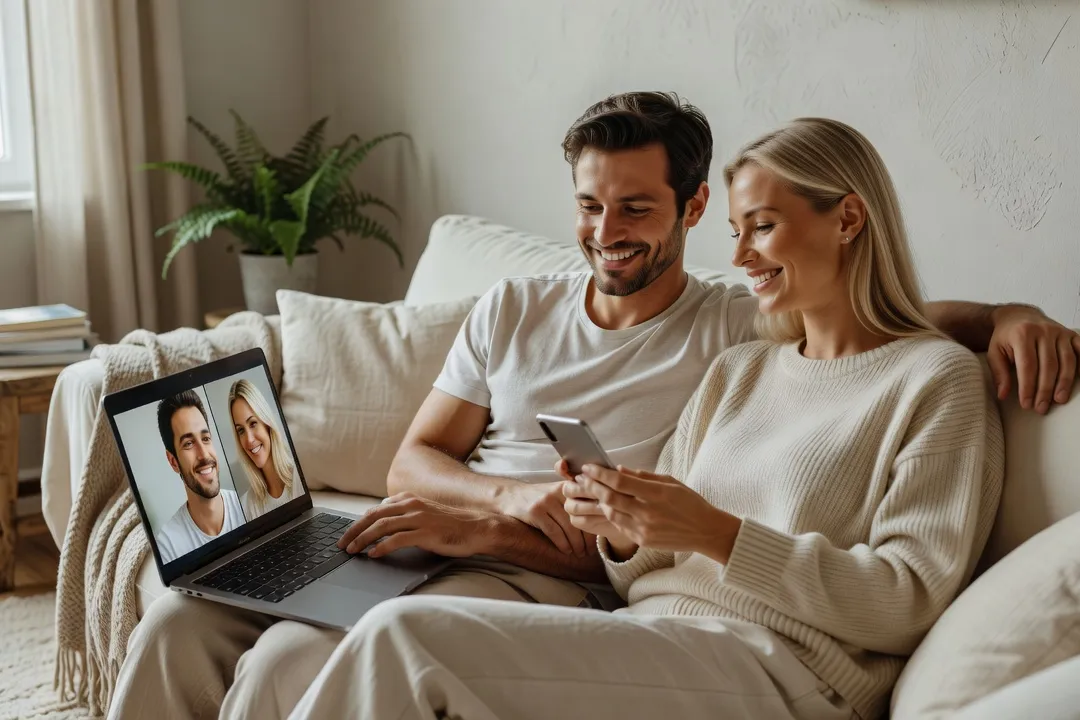 Couple souriant en visioconférence, symbole de la rencontre moderne loin du cliché du catalogue papier