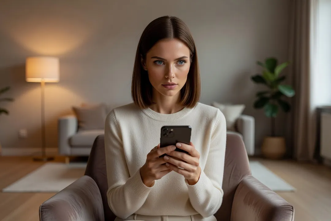 Femme russe vérifiant son téléphone avec attention, illustrant la prudence nécessaire face aux tentatives d'arnaque sentimentale