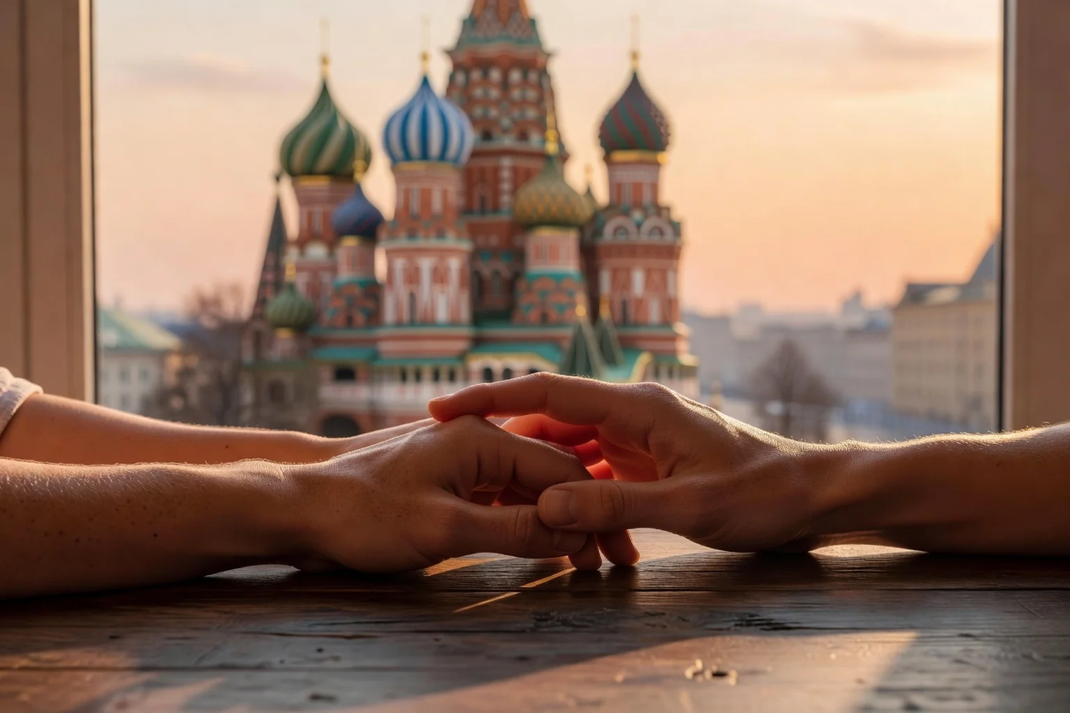 Deux mains enlacées sur une table avec vue sur la cathédrale Saint-Basile à Moscou