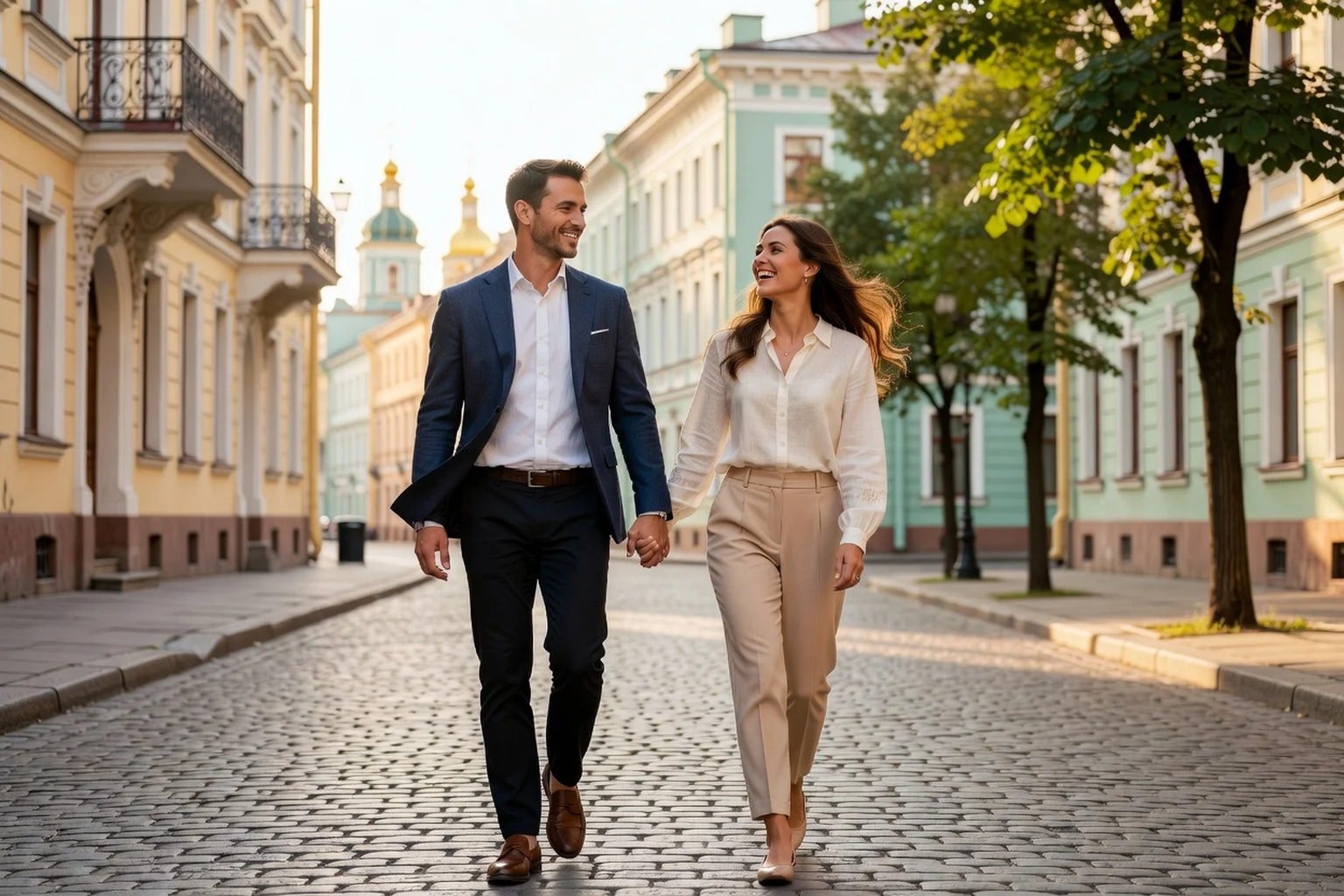 Couple franco-russe heureux marchant dans une rue de Saint-Pétersbourg en été