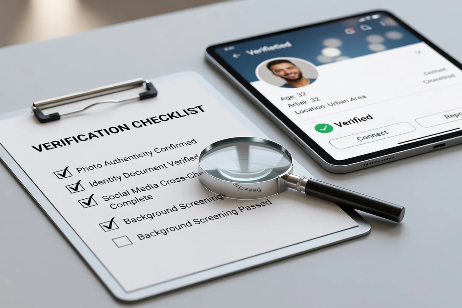 Tablette affichant un profil de rencontre avec checklist et loupe — vérification authenticité profil femme russe en ligne