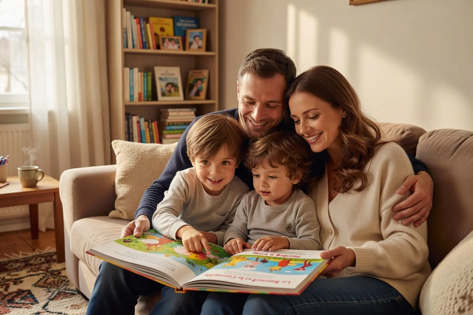 Famille franco-russe heureuse lisant un livre bilingue avec deux enfants dans un intérieur chaleureux
