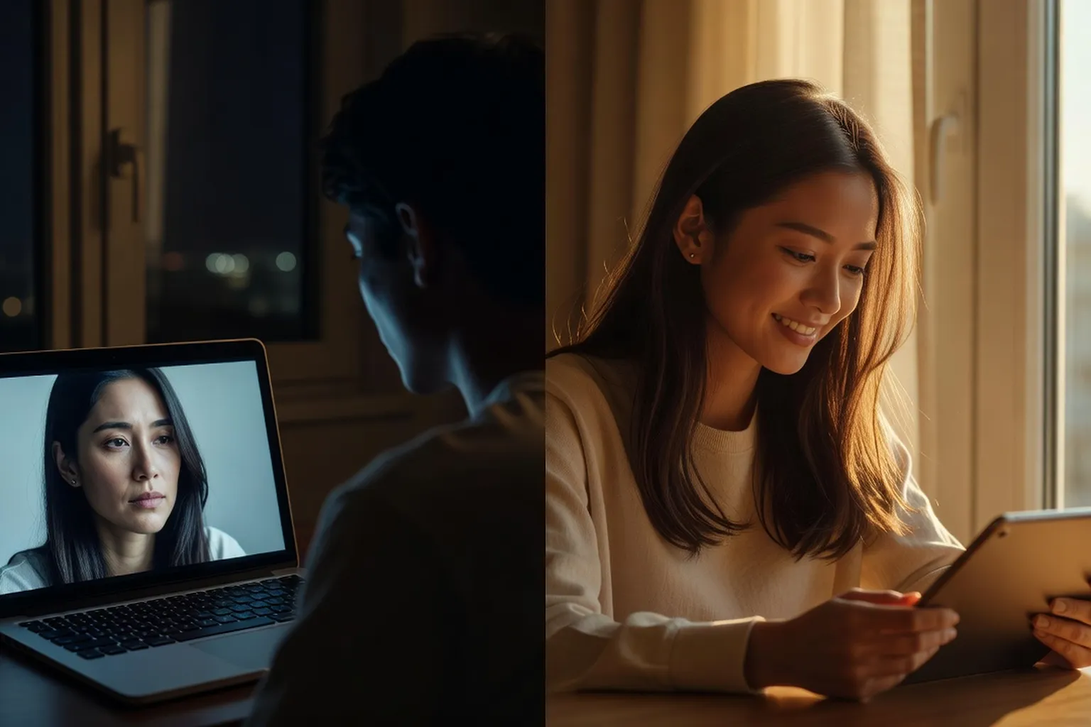 Couple entretenant une relation a distance apres la rencontre, appel video jour et nuit
