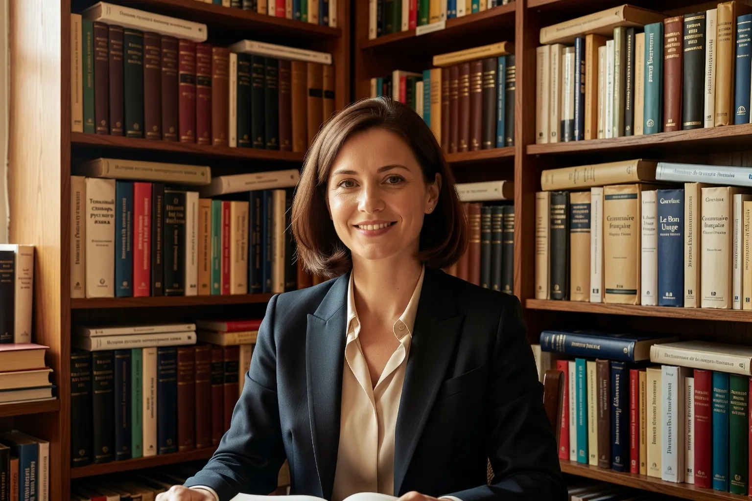 Portrait de Natalia Kovalenko, linguiste franco-russe à la Sorbonne, dans son bureau avec des livres en russe et en français