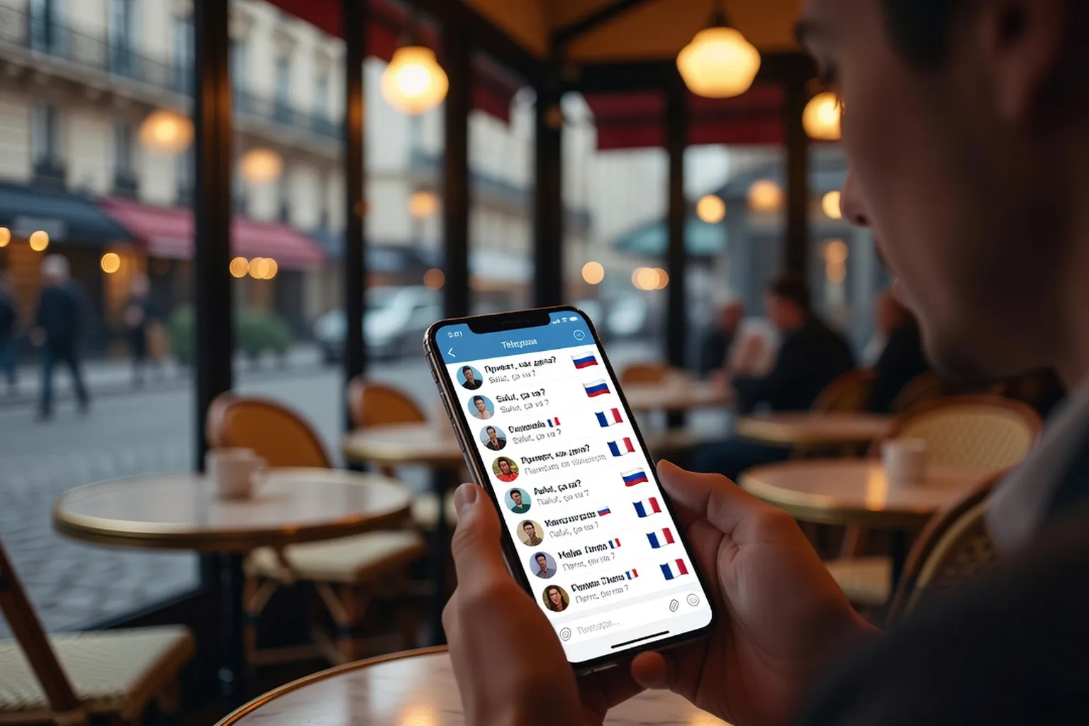 Smartphone affichant l'interface Telegram avec des échanges franco-russes — réseaux sociaux pour rencontrer une femme russe