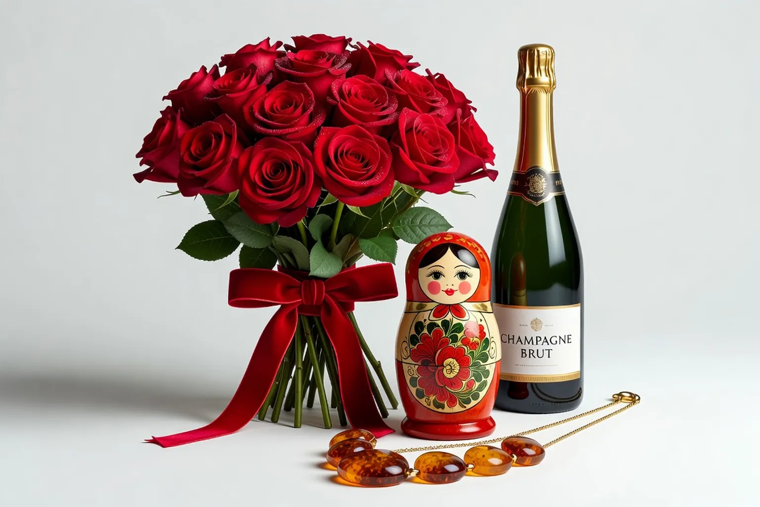 Arrangement élégant de cadeaux pour femme russe : roses rouges, matrioïka artisanale, bijou en ambre et champagne sur fond blanc