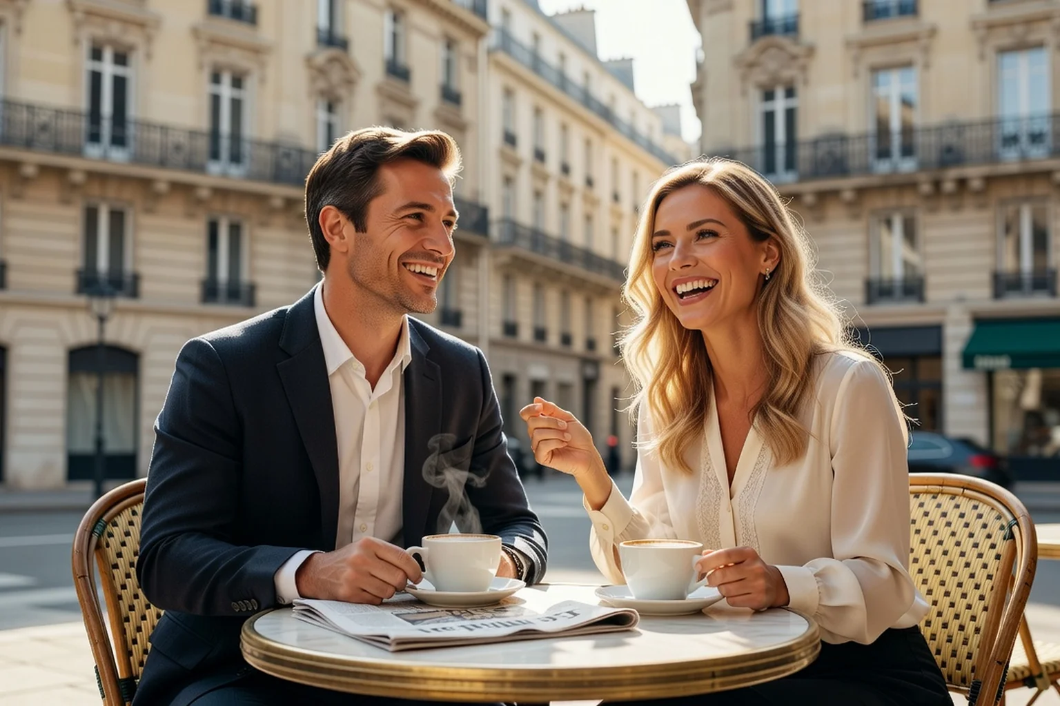 Couple franco-russe discutant en terrasse de café parisien, un journal plié sur la table