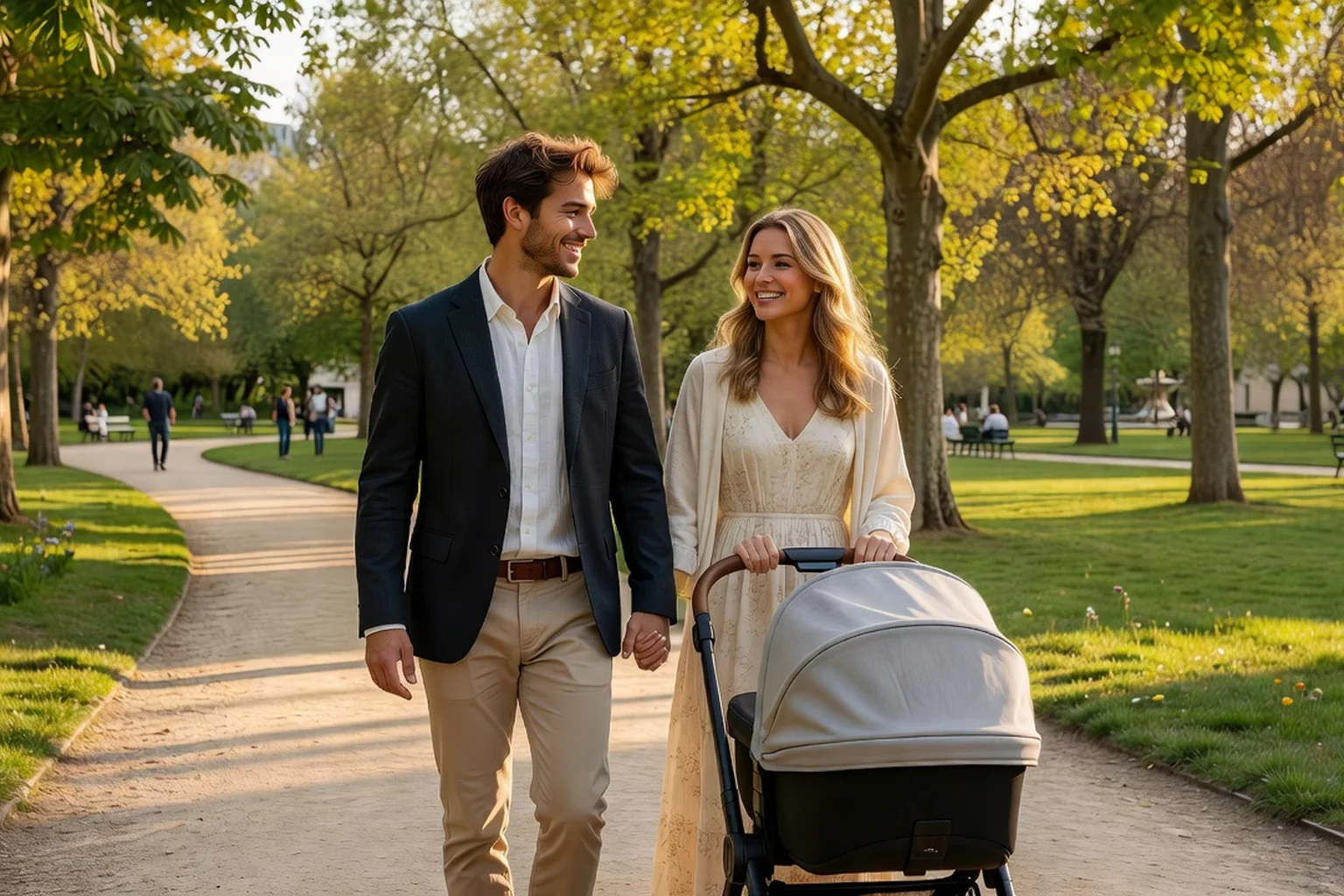 Jeune couple franco-russe promenant une poussette dans un parc parisien au printemps