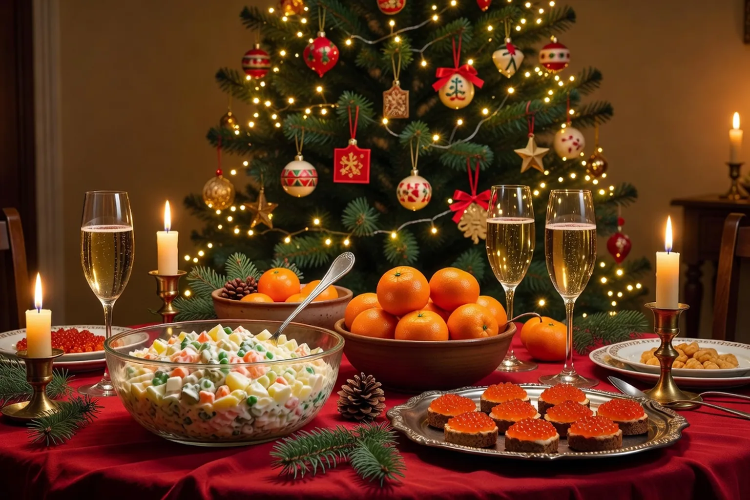 Table de Nouvel An russe avec salade Olivier, mandarines, canapés au beurre rouge et verres de vin pétillant, sapin illuminé en arrière-plan