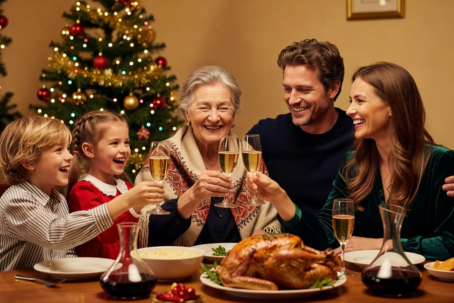 Famille franco-russe de trois générations trinquant au vin pétillant autour d'une table de fête, sapin de Noël illuminé derrière eux