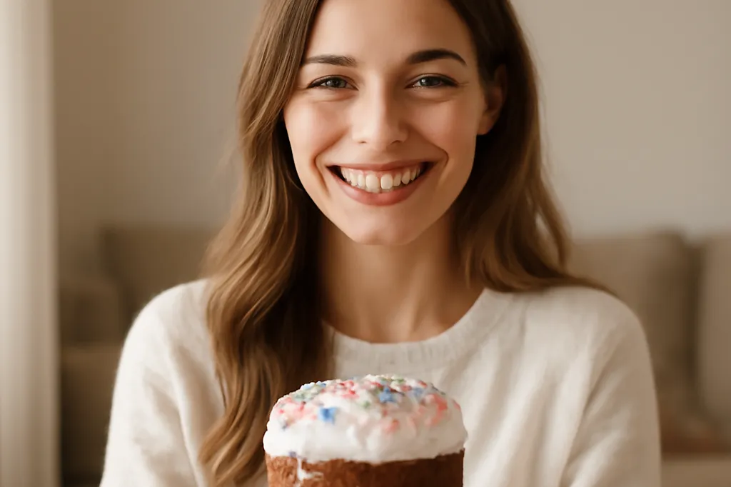 Femme russe souriante tenant un kulich décoré entourée d'œufs peints pour Pâques