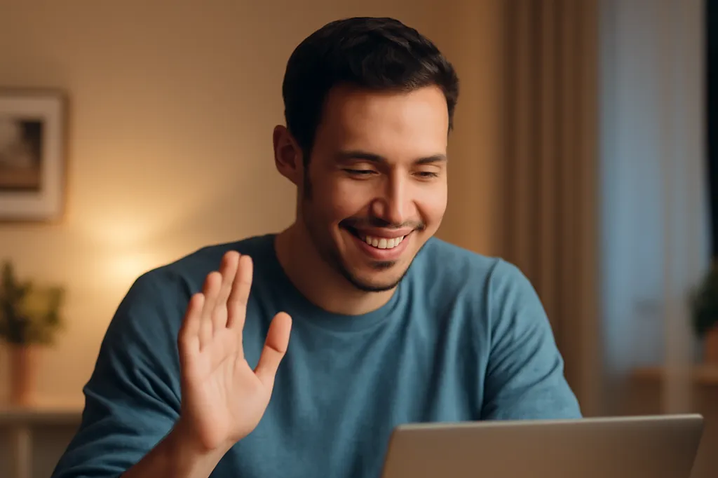 Homme souriant lors d'un appel vidéo avec une femme russe, ambiance chaleureuse et naturelle