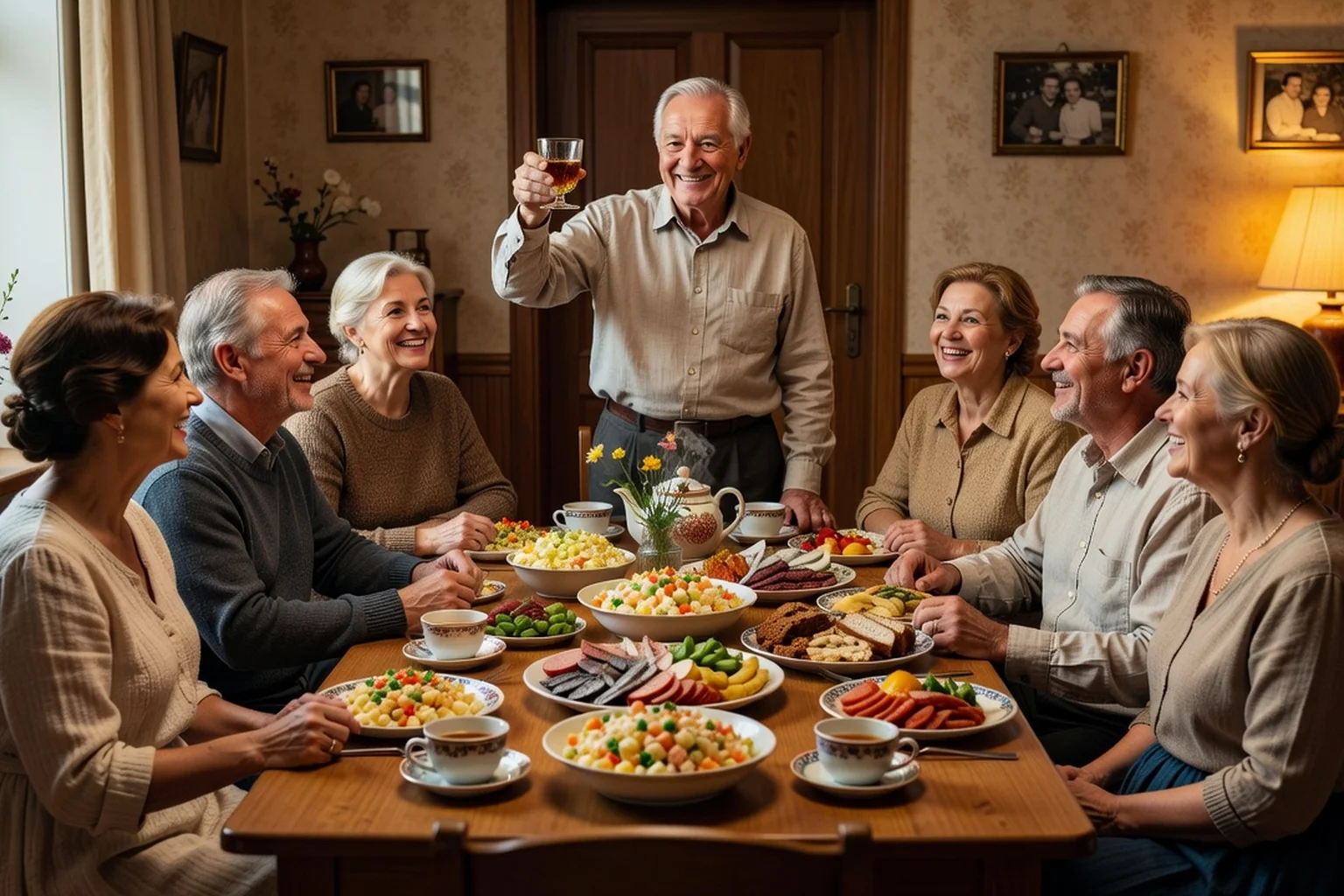 Famille russe réunie autour d'une table servie pendant un toast, ambiance chaleureuse