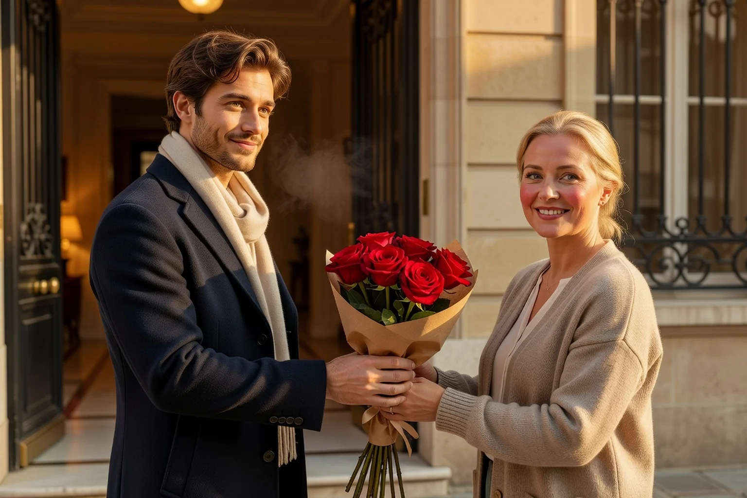 Homme tendant un bouquet de roses rouges en nombre impair à la mère de sa compagne à l'entrée de l'appartement