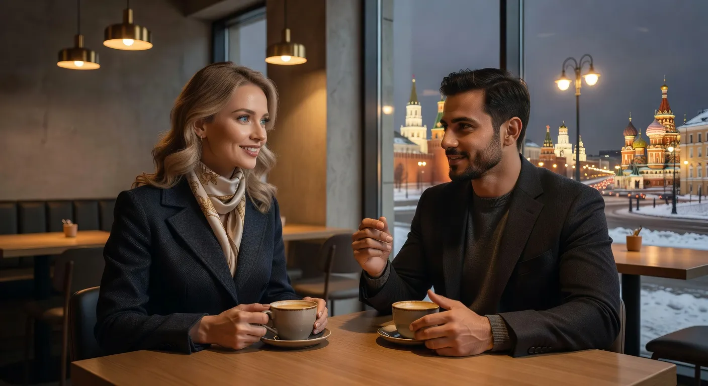 Rencontre interculturelle dans un cafe de Moscou entre une femme slave et un homme du Moyen-Orient
