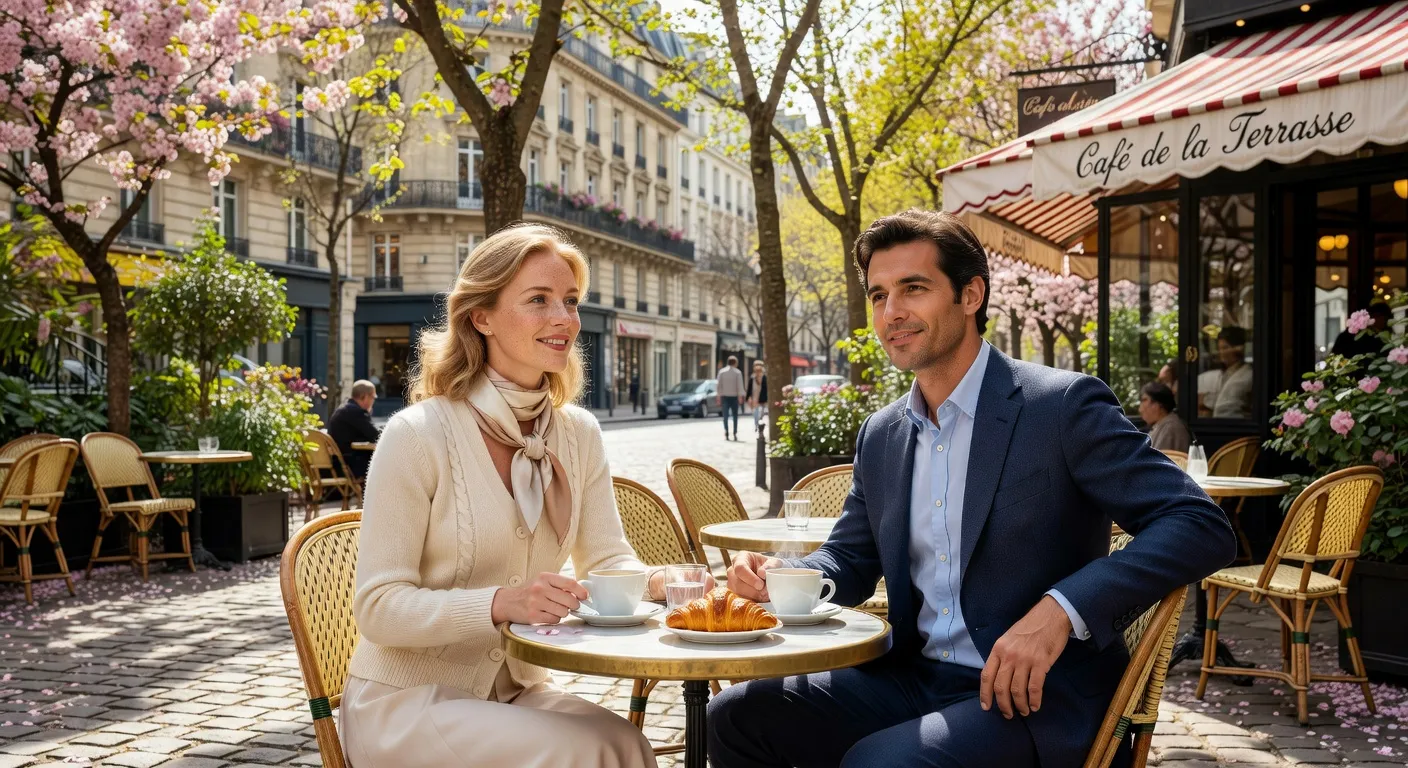 Couple franco-russe partageant un moment a la terrasse d un cafe parisien au printemps