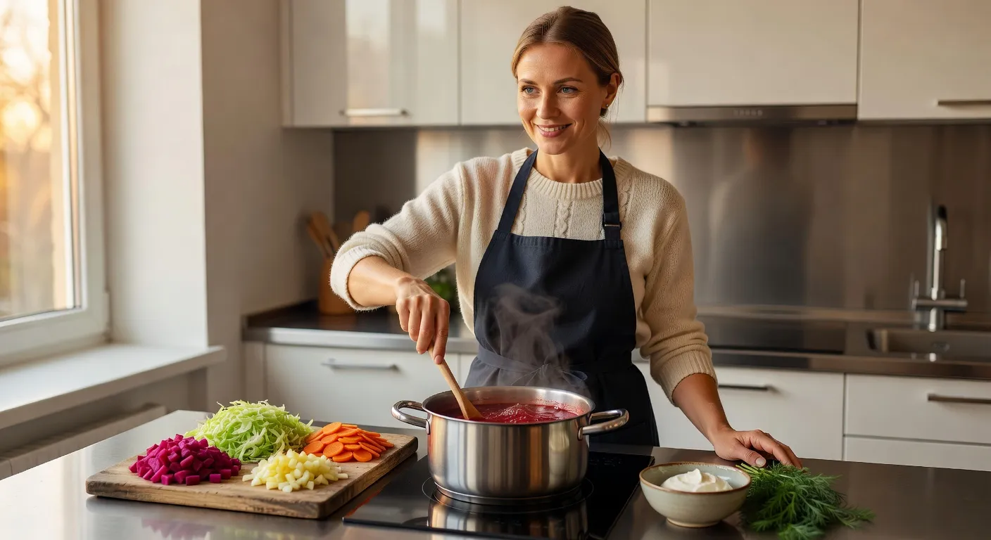 Femme russe preparant un bortsch traditionnel dans une cuisine moderne et chaleureuse