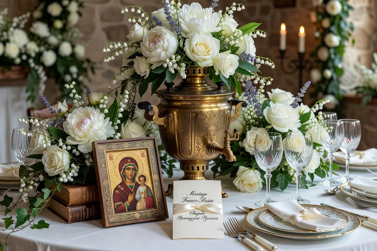 Décoration de mariage franco-russe mêlant éléments français et russes orthodoxes