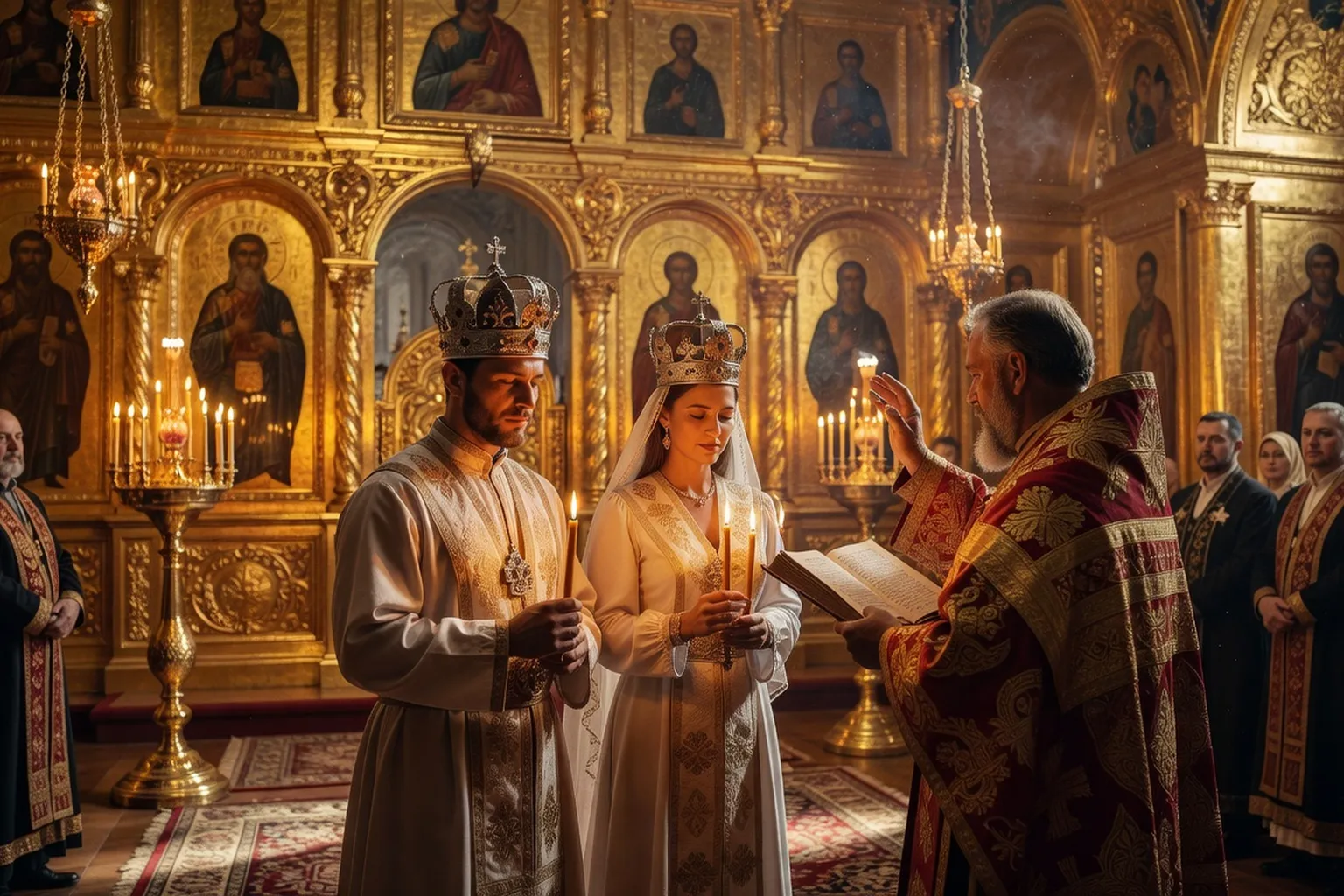 Cérémonie de mariage russe orthodoxe avec couronnes rituelles, cierges et intérieur d'église dorée