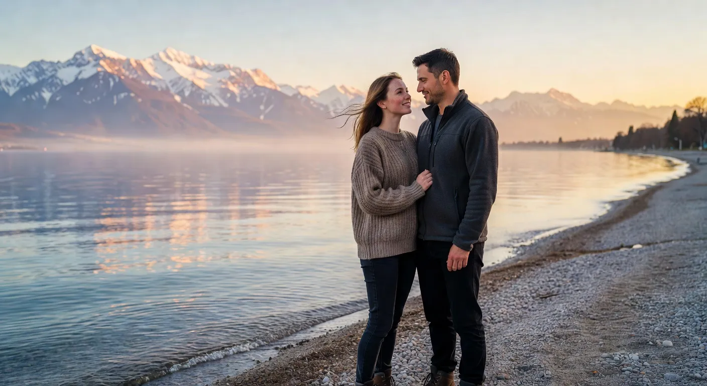 Couple pres du lac Leman en Suisse avec les montagnes en arriere-plan dans une ambiance romantique