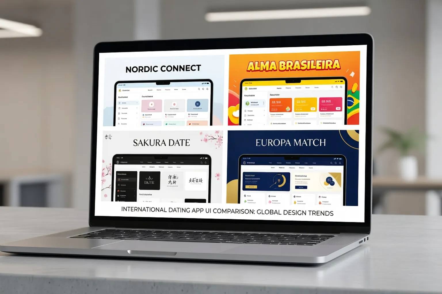 Comparaison visuelle de 4 interfaces d'applications de rencontre internationale sur laptop