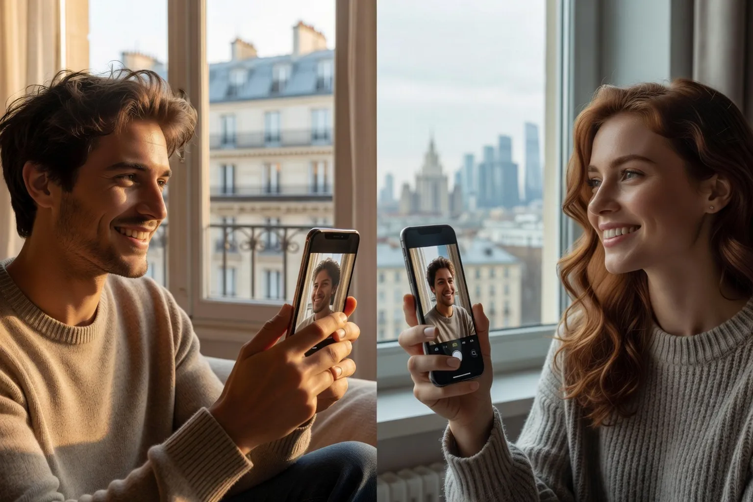 Couple franco-russe en conversation vidéo sur smartphone, connexion chaleureuse