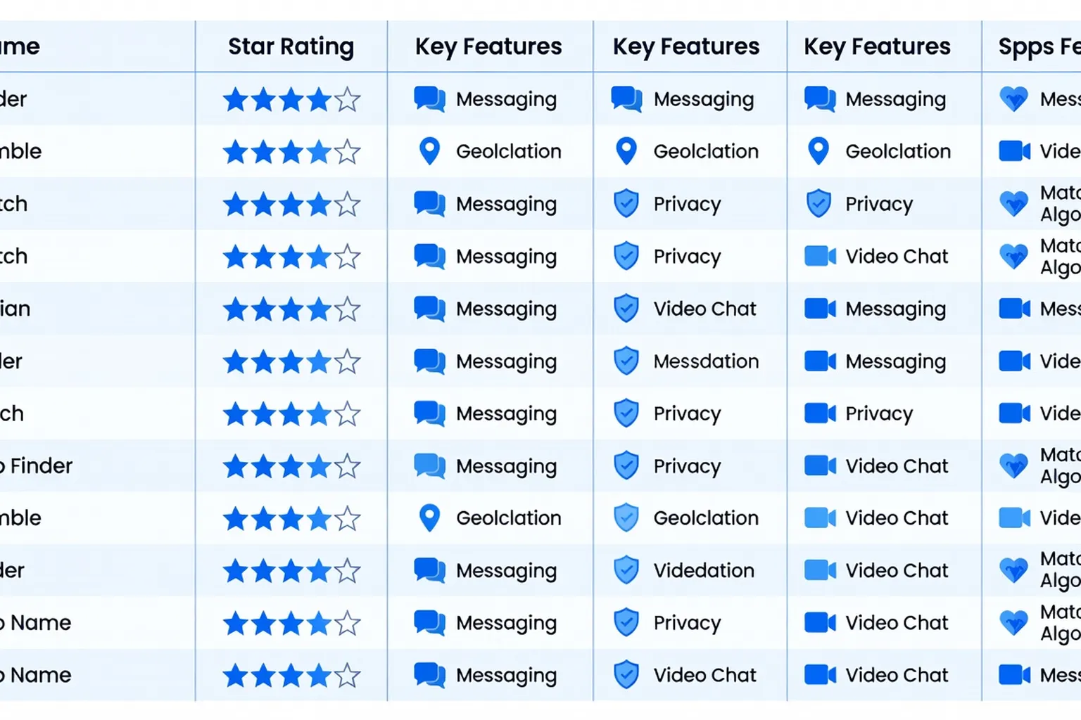 Tableau comparatif stylisé des 12 apps de rencontre franco-russe avec notes et icônes