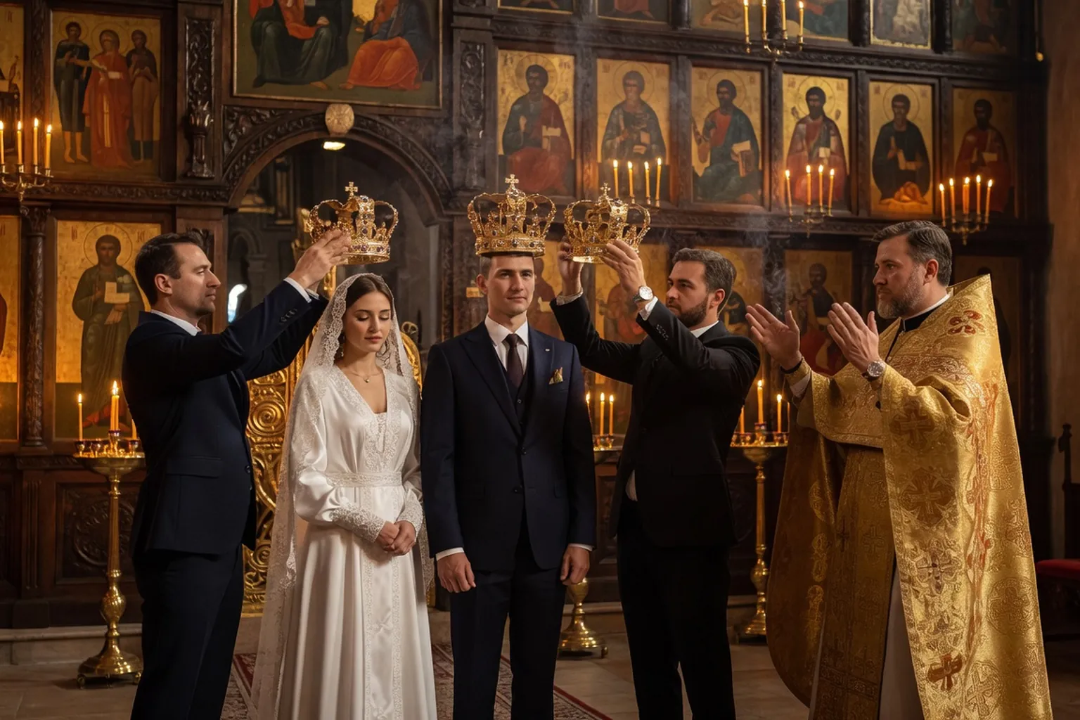 Cérémonie mariage russe orthodoxe couronnes venchanie église