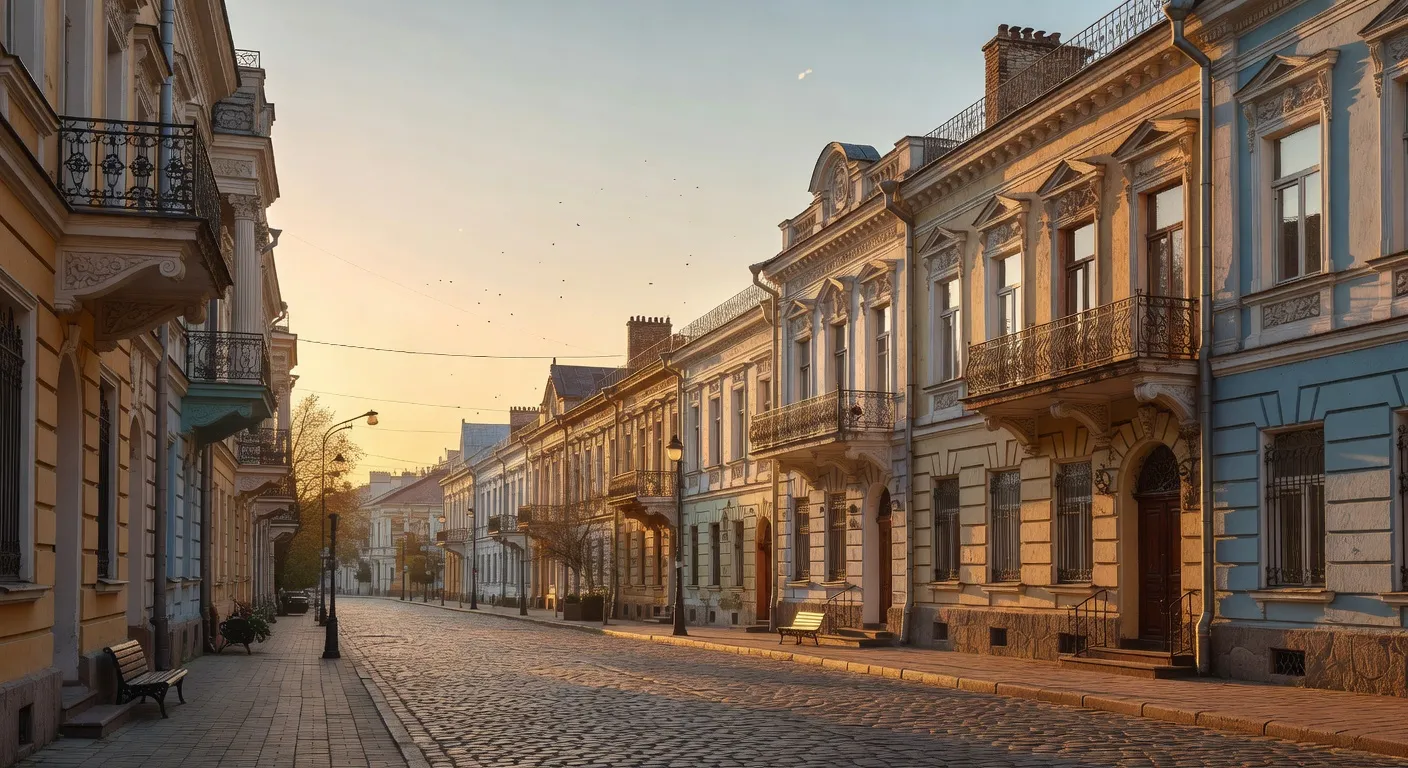 Rue paisible d une ville ukrainienne avec son architecture historique au coucher du soleil