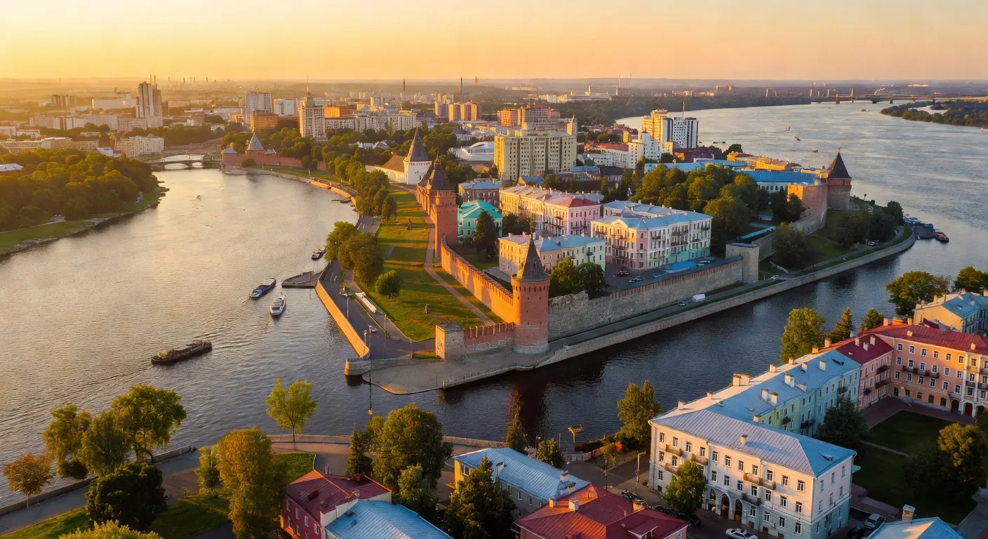 Vue panoramique de Nizhny Novgorod sur la Volga en ete avec le Kremlin et la confluence des fleuves