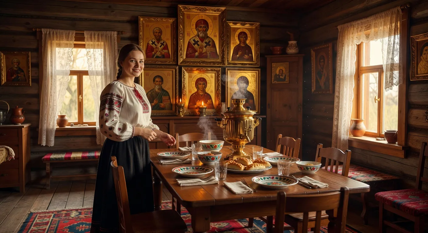 Interieur russe traditionnel avec icones orthodoxes et samovar sur une table familiale