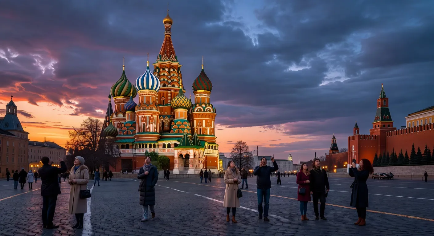 Place Rouge a Moscou illuminee au crepuscule avec la cathedrale Saint-Basile et des touristes
