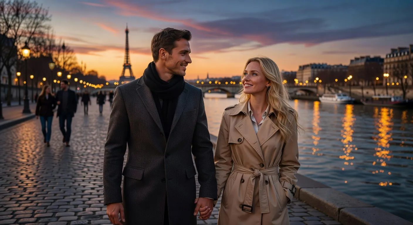 Promenade romantique d'un couple franco-russe au bord de la Seine — Femmes russes et rencontres : démêler les mythes des réalité