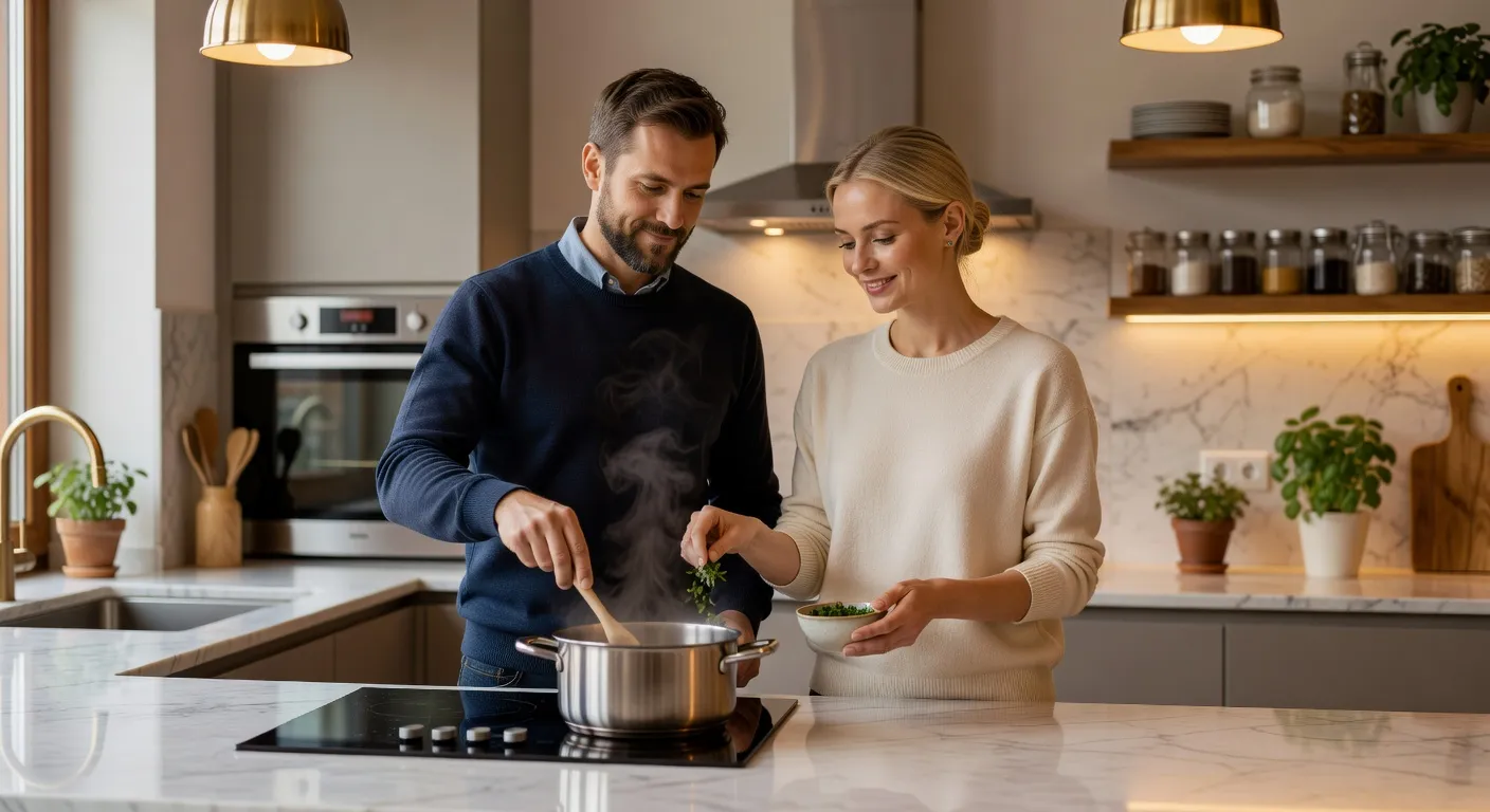 Couple franco-russe cuisinant ensemble dans une cuisine moderne — Pourquoi les Americains 'commandent' des femmes russes : ana