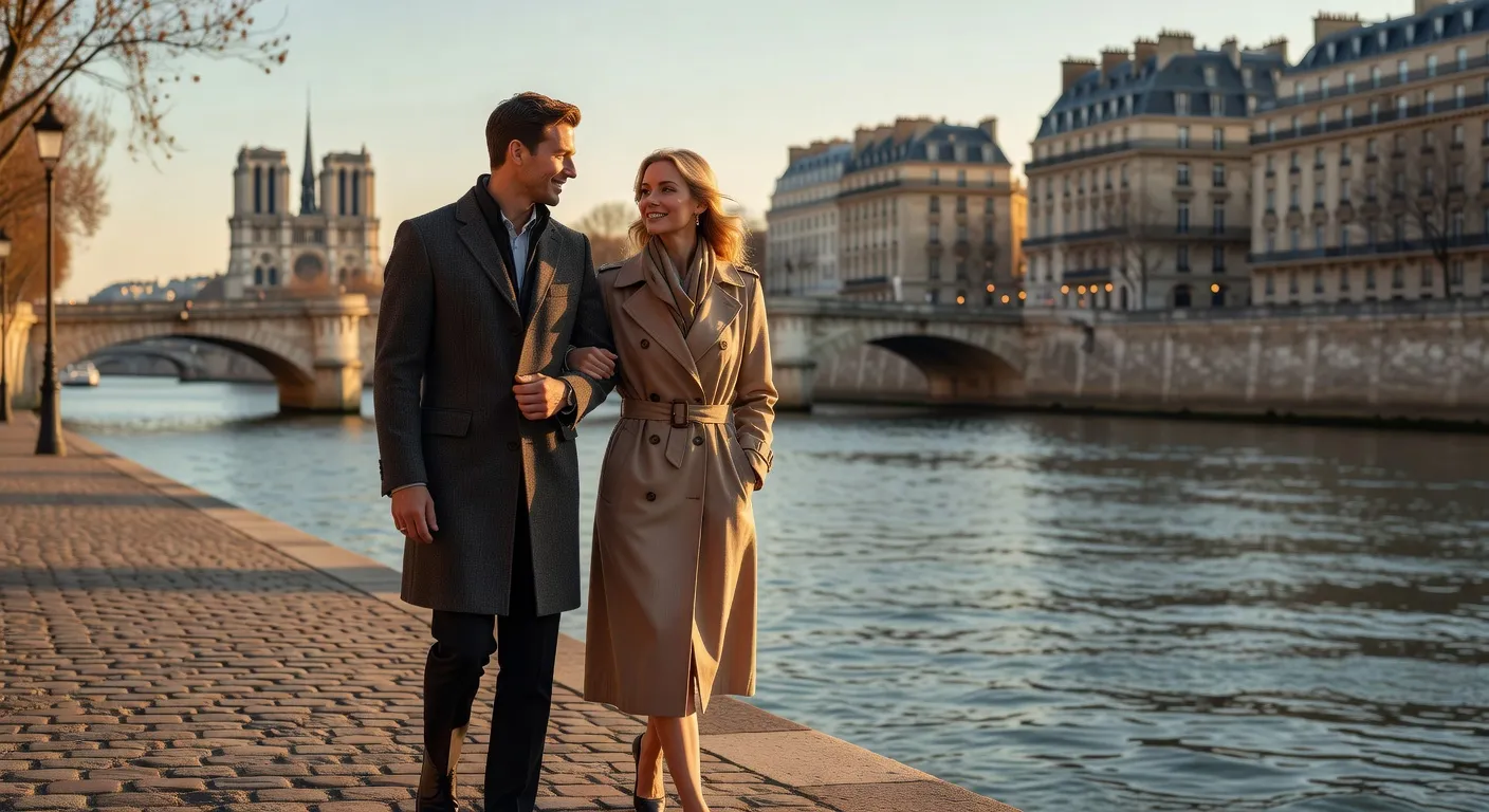 Promenade romantique d'un couple franco-russe au bord de la Seine — Rencontrer une femme russe en France : ou, comment et consei