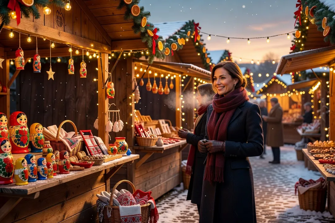 Marché de Noël slave en France avec matriochkas et artisanat traditionnel