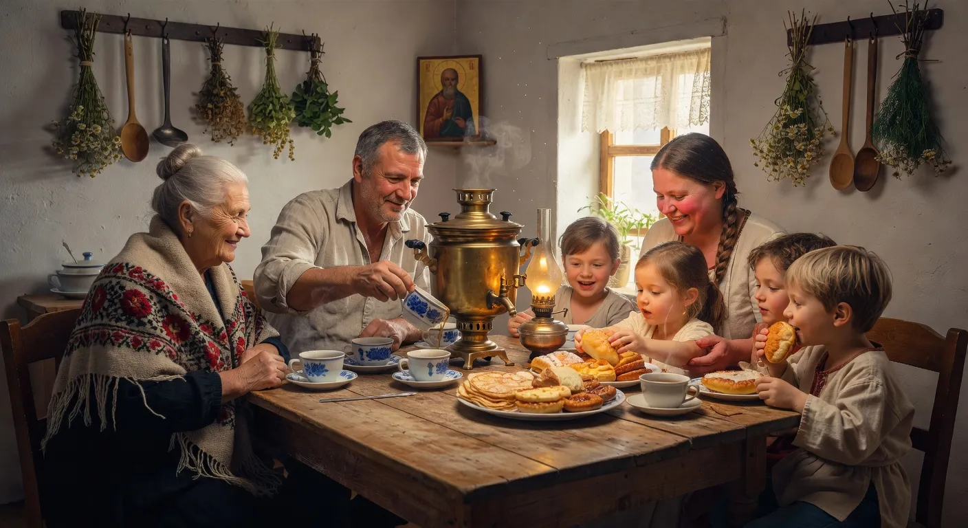 Scene de famille russe autour d une table avec samovar et patisseries traditionnelles