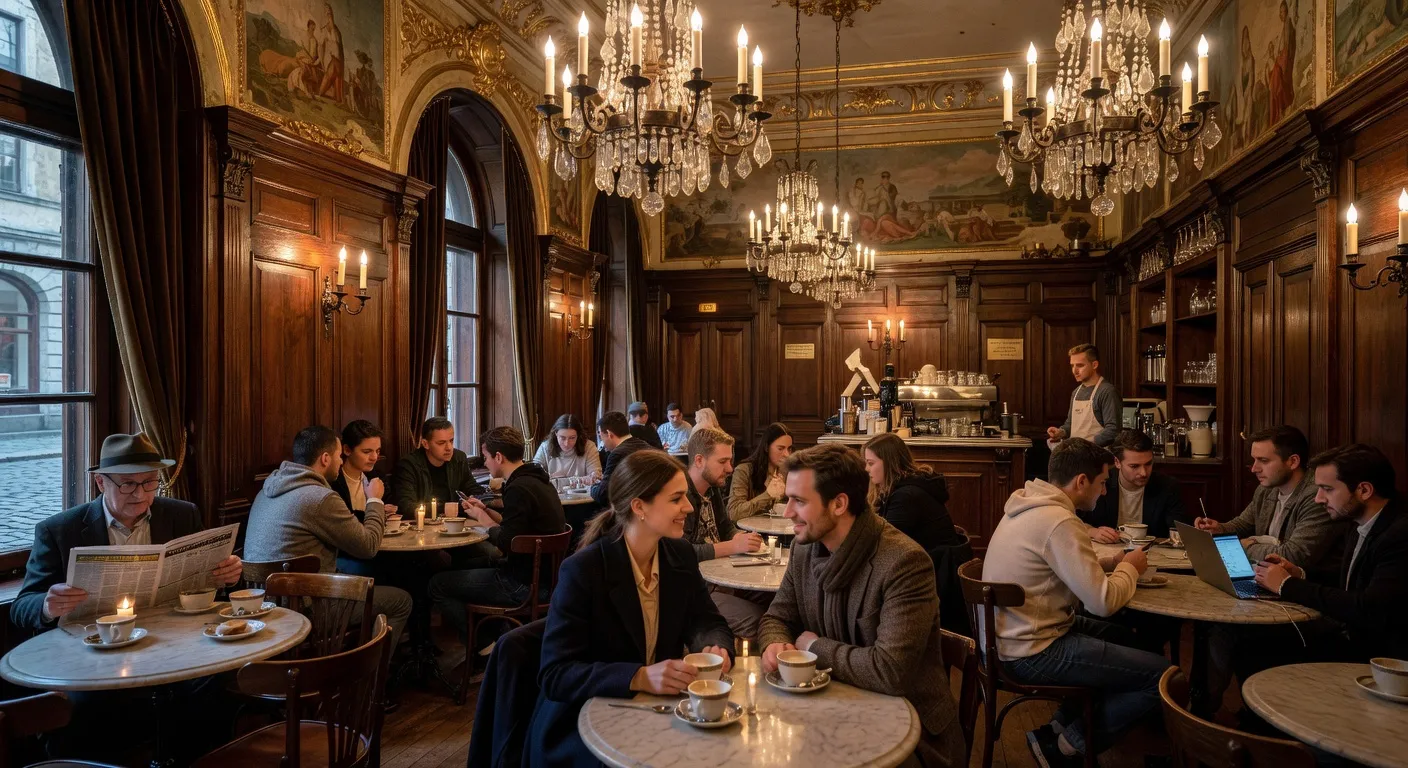 Interieur d un cafe historique de style viennois a Lviv en Ukraine avec tables en marbre et lustres
