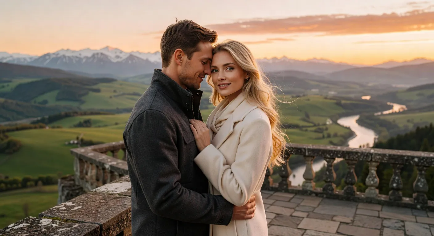 Couple international partageant un moment romantique avec vue panoramique — Les Arabes sont très intéressés par les femmes russes.