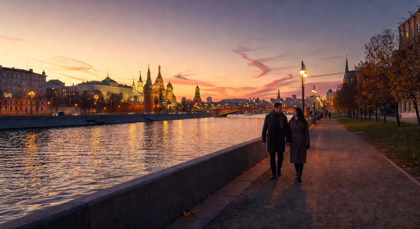 Promenade romantique le long de la riviere Moskova au coucher du soleil — La Place Rouge a Moscou pour le premier baiser : guide roman