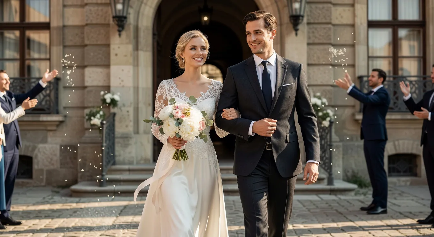 Couple franco-russe sortant de la ceremonie de mariage — Les femmes russes qui sont mariées à des étrangers parlent d