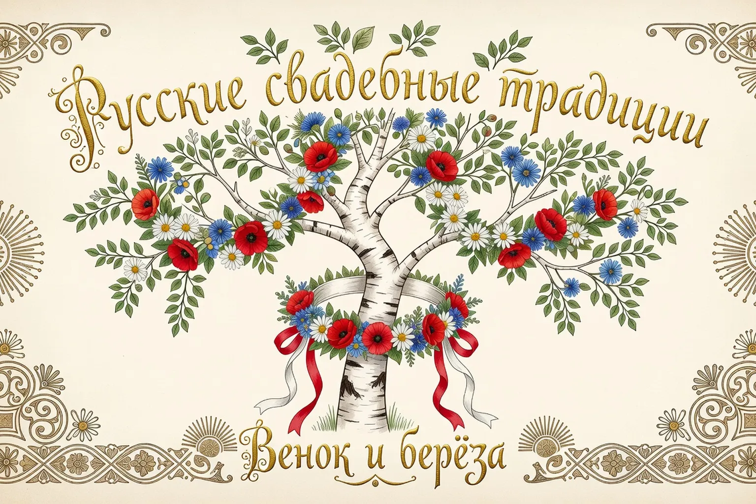Illustration artistique des traditions du mariage russe : couronne florale, bouleau blanc, calligraphie cyrillique dorée