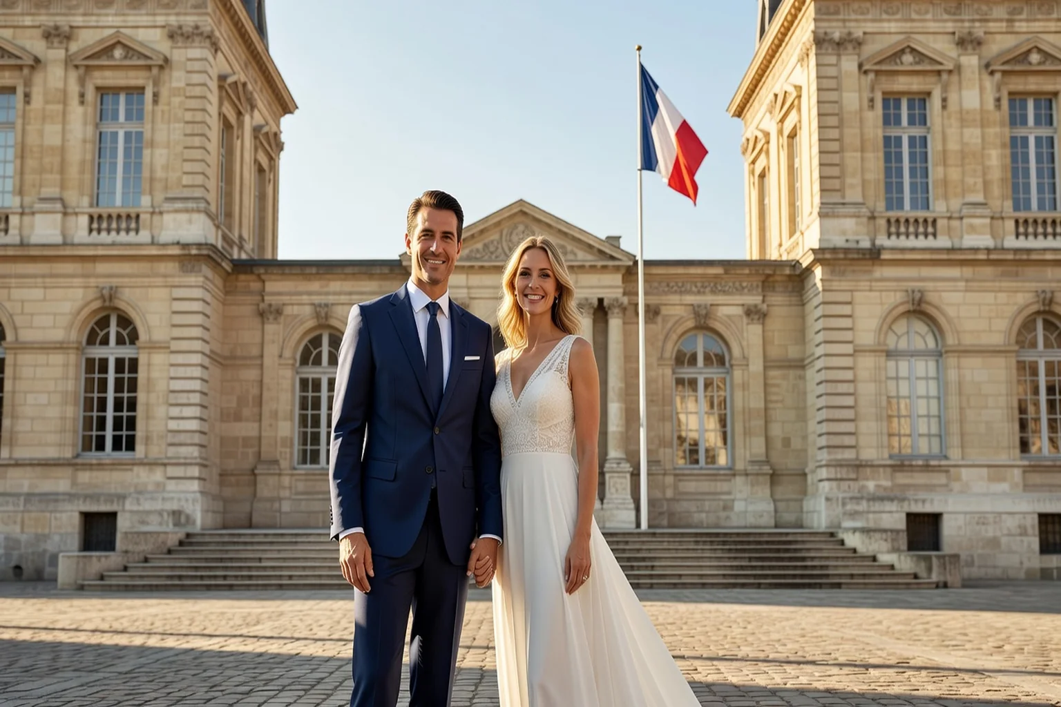 Couple franco-russe souriant devant une mairie française avec drapeau tricolore
